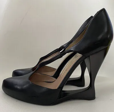£129.99 • Buy Emporio Armani Black Leather Wedge High Heel Shoes 39 UK6 Worn Twice