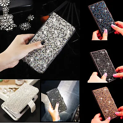 Women's Luxury Diamond Flip Leather Bling Glitter Wallet Case Stand Holder Cover • $13.51