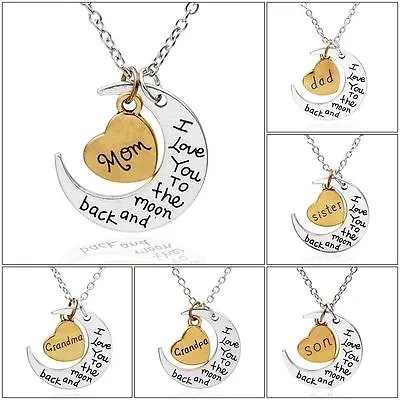 I Love You To The Moon And Back Gold & Silver Heart Family Necklace Pendant Gift • £3.45