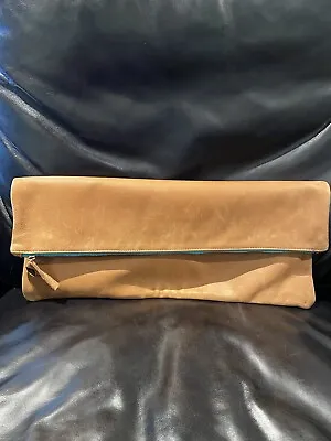 Clare Vivier Distressed Pebble Leather Tan And Turquoise XL Fold Over Clutch • $140