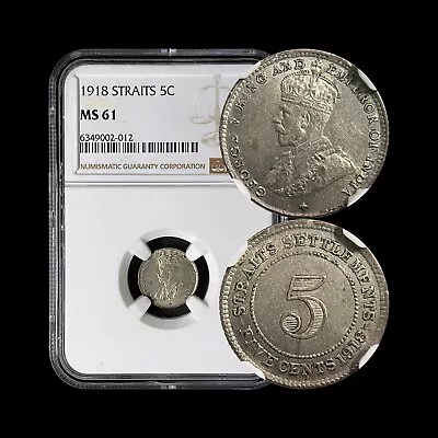 STRAITS SETTLEMENTS. 1918 5 Cents Silver - NGC MS61 - KGV Colonial Malaysia • $76.49