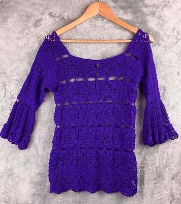Vintage Crochet Shirt Sweater Purple Sparkle SZ Small Medium Flare 3/4 Sleeve • $29.99