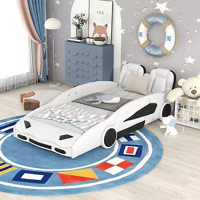 Twin Size Race Car-Shaped Platform Bed With Wheels White • $343.82