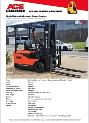 Toyota 5FBE18 3W Forklift Hire-£47.50pw Buy-£6750 HP-£33.71pw VAT Only Deposit • £6250