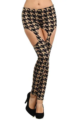 HOUNDSTOOTH White Tan Black CUT OUT GARTER PONTI LEGGINGs S M L • $10