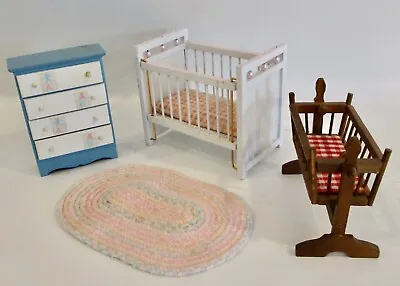 Vintage Dollhouse Baby Room Miniature Furniture Wood Crib Dresser 1:12 Nursery • $24.99