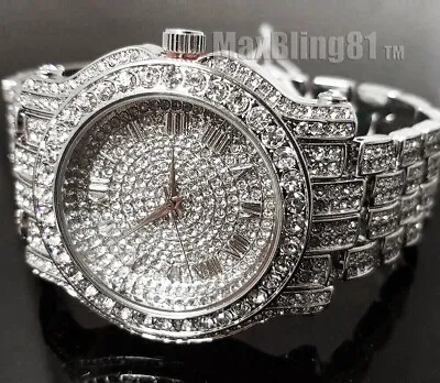 Men Hip Hop Iced Silver Plated Techno Pave Bling Simulated Diamond Rapper Watch • $27.99