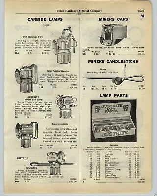 1930 PAPER AD Acme Justrite Mine Miners' Candlestick Sierra Cap Lamp #95 #85 108 • $14.99