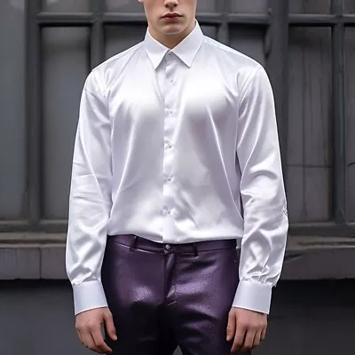 Mens Workwear Shirt Party Satin Silk Shirts Slim Fit Stylish Long Sleeve • £21.55