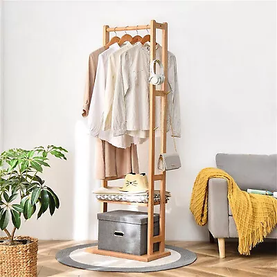 Standing Coat Rack Entryway Solid Wood Garment Hanger Stand W/ Shelves& Hooks • $31.91