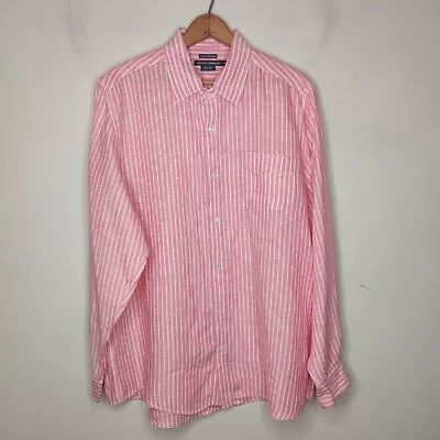 Island Company Mens 100% Linen Shirt Medium Coral Pink Stripe Button Up • $21.99