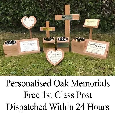 Oak Wood Memorial Cross Wooden Grave Marker Personalised Engraved Plaque Memory • £24.99