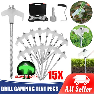 Heavy Duty Steel Drill Screw In Camping Tent Pegs Glow In The Dark Head + Case • $23.36