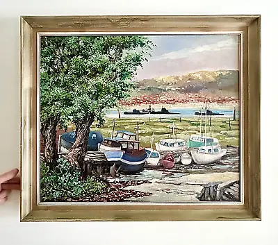 Large Vintage Oil On Canvas Seascape With Boats And Submarines In Background. • £129