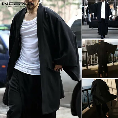 Japanese Mens 100%Cotton Kimono Cardigan Jacket Yukata Coat T Shirt Tops Black • £19.19