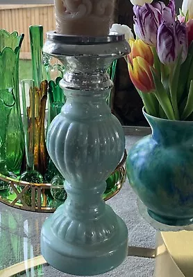 £30 • Buy Mercury Glass Pillar Church Candle Holder Stick  Silver & Duck Egg Blue 12”