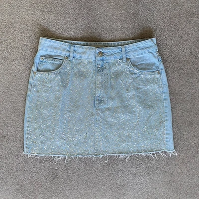 £14.99 • Buy TOPSHOP MOTO Rhinestone Embellished Blue Frayed Denim Skirt Festival Size 14