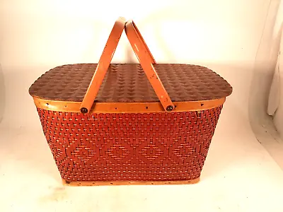 Vintage 1950s Red Man Picnic Basket Woven Rattan With Steel Handles • $45