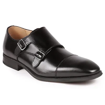 Black Men's Genuine Leather Double Monk Strap Cap Toe Dress Shoes • $59.99