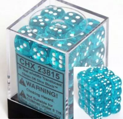 Chessex Dice D6 Sets Teal W/ White Translucent 36 12mm Six Sided Die CHX 23815 • $9.79