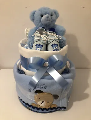 Nappy Cake Two Tier Boy  0-3 Months. Blue Teddy Baby Shower Leavers Gift • £26