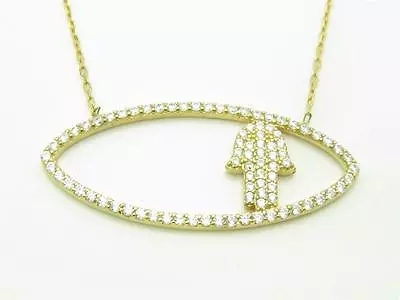 Yellow Gold Sterling Silver Diamond Set Pave Sapphire Hamsa Hand Of God Necklace • £103.08