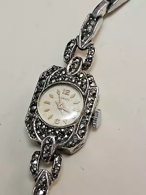 STERLING SILVER & MARCASITE  PEERLESS SWISS WRISTWATCH W CASE 1930's WORKING • $190