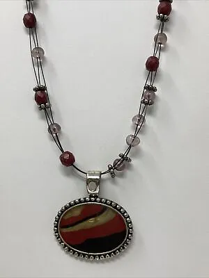 Pendant Necklace Signed HM Red Black Tan Oval With Beads Beaded • $10.21