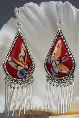 Chinese Minority People's Old Hand Butterfly Embroidery Miao Silver Earring • $35