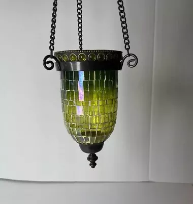 Vintage Mid Century Modern Green Mosaic Glass Hanging Candle Lantern 1 Of 2 • $35