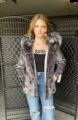 Gray Sheared Mink Sections Mink Jacket With Silver Fox Trim Hood • $995