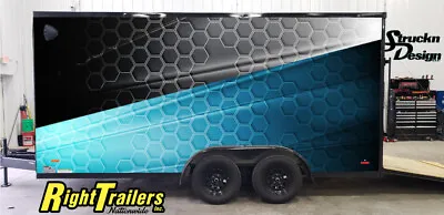 2 Sides Hexagons Blue Grunge Black Trailer RV Wrap Decal Graphic Various Sizes • $969.41