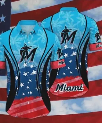 Miami Marlins American Flag Hawaiian Shirt Aloha Beach Shirt For Men Gift • $25