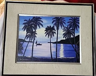Vtg Hawaiian Tropical Lagoon W/Sailboat Oil Painting By Mary Saindon Framed EUC  • $125