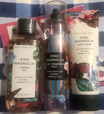 BATH And BODY WORKS 💙 Pink Magnolia 🦋 GIFT SET Cream Lotion Mist & Shower Gel • £77.11