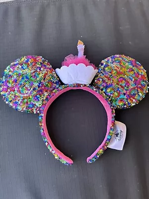 Disney Parks Happy Birthday Minnie Mickey Ears Cupcake Cake Sequined Headband • $15.99