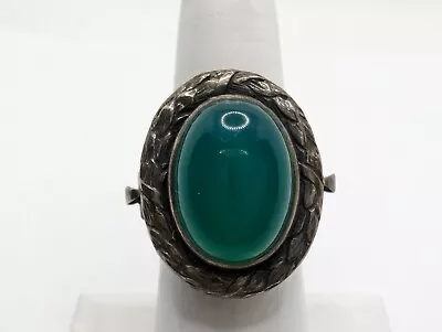 Stunning Vintage  Silver  Cocktail Ring  Green Agate Size 7 -  Spain • $80