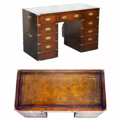 Restored Hand Dyed Brown Leather Military Campaign Partners Pedestal Desk • $2424.53