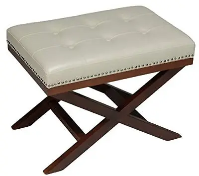 Kayla Cream Traditional Xbench Ottoman In Vinyl With Nailhead Trim • $128.49