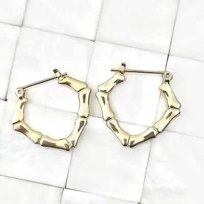 Gold Tone Bamboo Pattern Hoops Pierced Earrings The Vintage Strand Lot #1492 • $8.49