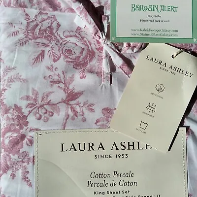 Laura Ashley Floral Toile Butterfly King Sheet Set Shabby Chic Mauve Pink • £96.50