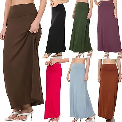 Womens Maxi Skirt Solid Long Full Length High Waisted Stretch Fold Over Waist • $16.99