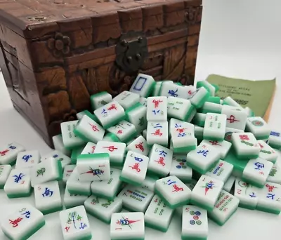 Vintage Mahjong Set 148 Tiles White Green Lucite In Hand Carved Camphor Wood Box • $124.95