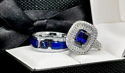 Matching Rings Sets Blue Agate Women Wedding Bands Mens Ring Blue CZ Stone • $374.85