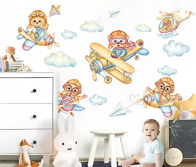 Teddy Bear Airplane Helicopter Sky World Cloud Nursery Wall Decal Sticker Decor • £67.31