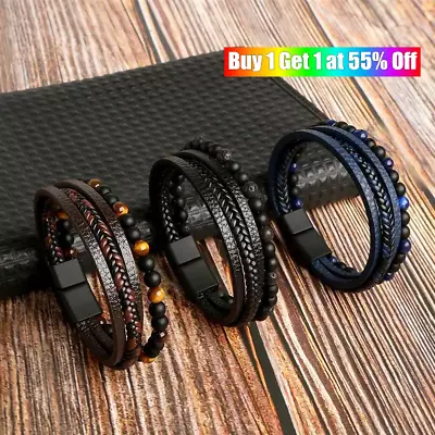 Mens Braided Fashion Bracelets PU Leather Bracelet Bangle Wrap Wristband Gift • £4.45