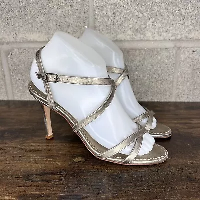 MANOLO BLAHNIK Women's Metallic Leather Strappy Heel Sandal Shoe Size 8 • $44.95