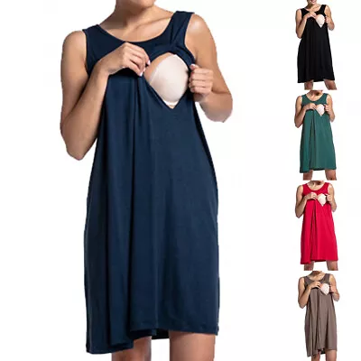 Maternity Pregnant Vest Tank Nursing Dress Breastfeeding Nightgown Pajamas Dress • £11.99