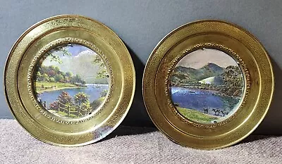 Set 2 Vintage Solid Brass Foil Art Pictures Wall Hanging Plates Made In England • $13.99