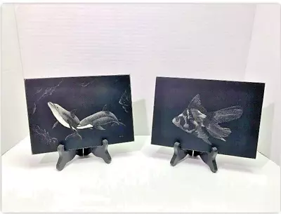 VTG Artist Made Pair Of Black White Orca Angel Fish Art Print Pictures On Board • $24.99